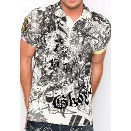Ed Hardy Homme Polo Shirt Mohican Skull White