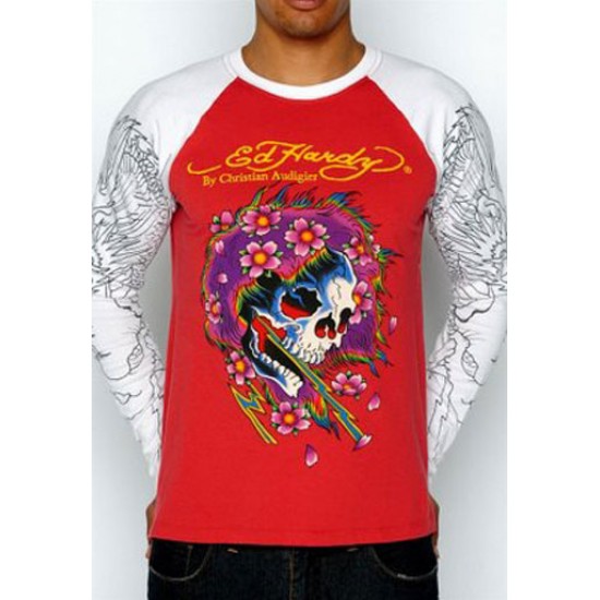 Ed Hardy Mens Long Sleeve T-Shirt Beautiful Ghost Raglan Multi Print Red