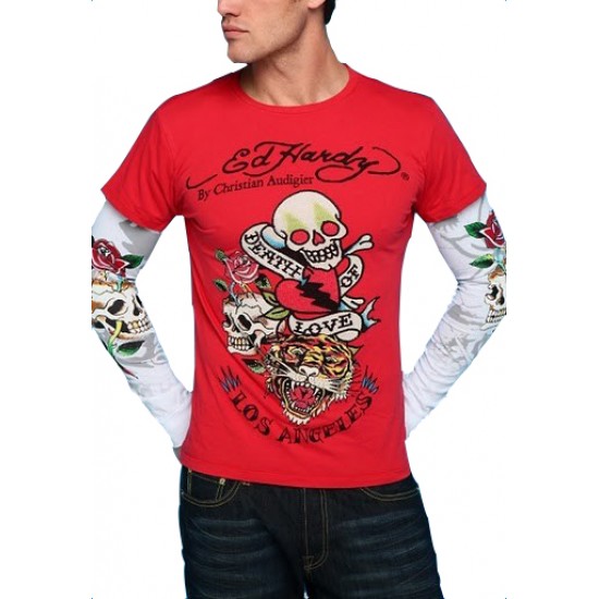 Ed Hardy Mens Long Sleeve T-Shirt Death of Love Basic Tee 5004 Red