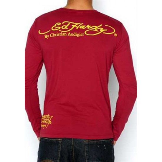 Ed Hardy Mens Long Sleeve T-Shirt Devil Woman Basic Burgundy