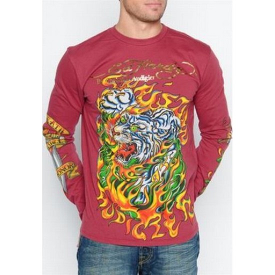 Ed Hardy Mens Long Sleeve T-Shirt Flaming Tiger Specialty Tee Burgundy