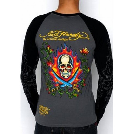 Ed Hardy Mens Long Sleeve T-Shirt Foiled Beautiful Ghost Thermal Black