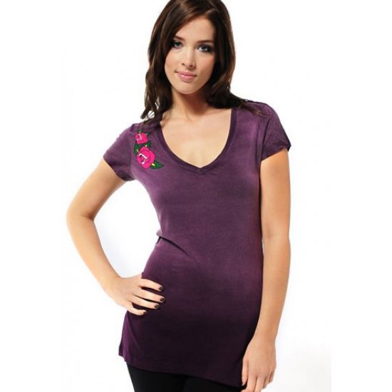 Ed Hardy Womens T-Shirt Roses Basic Tee Purple