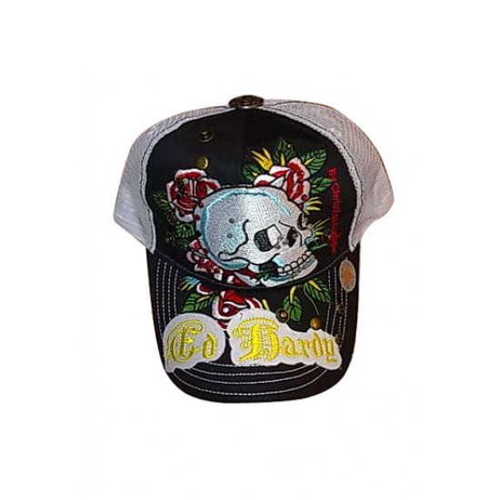 Ed Hardy Cap Skull and Rose Stencil Logo Studded Black And White