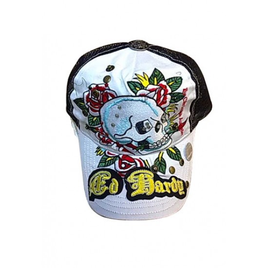 Ed Hardy Cap Skull and Rose Stencil Logo Studded White And Black
