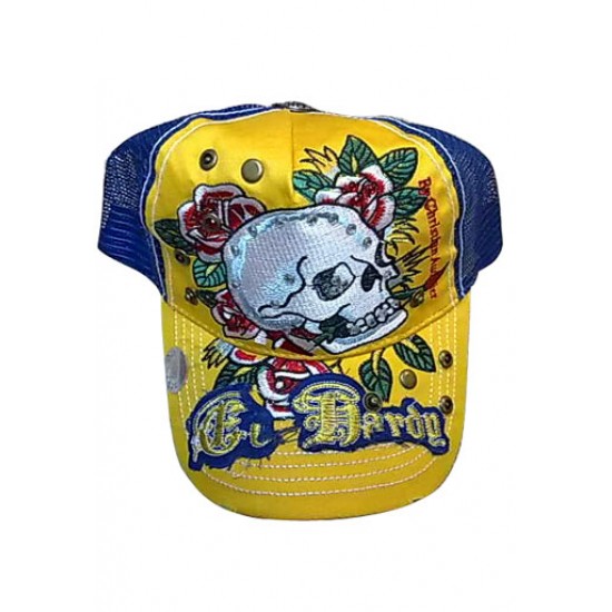Ed Hardy Cap Skull and Rose Stencil Logo Studded Yellow And Blue