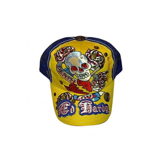 Ed Hardy Cap Death of Love Stencil Logo Studded Yellow And Blue