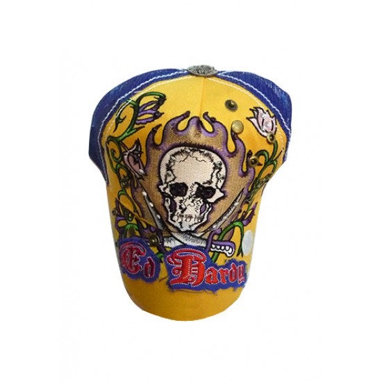 Ed Hardy Cap Two Swords Skull Stencil Yellow And Blue