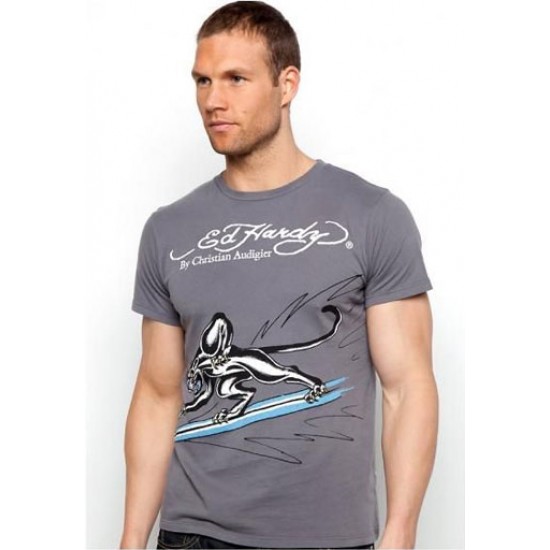Ed Hardy Homme Court Sleeve T-Shirt Angry Panther Basic Tee Grey