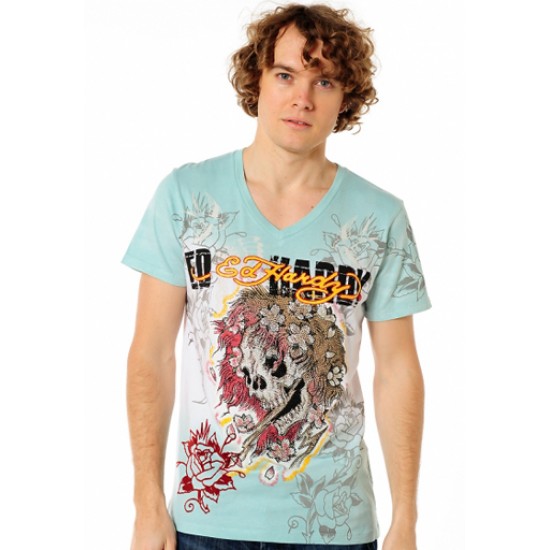 Ed Hardy Mens Short Sleeve T-Shirt Beautiful Ghost Rhinestone V Neck Aqua