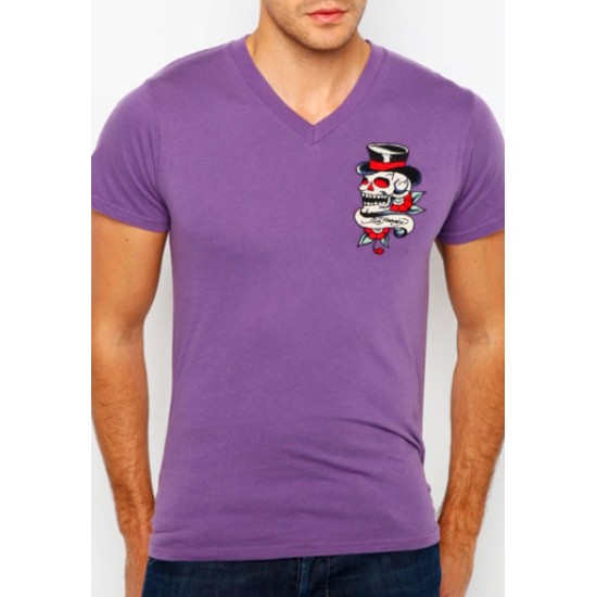 Ed Hardy Mens Short Sleeve T-Shirt Brad Core Basic Embroidered Purple