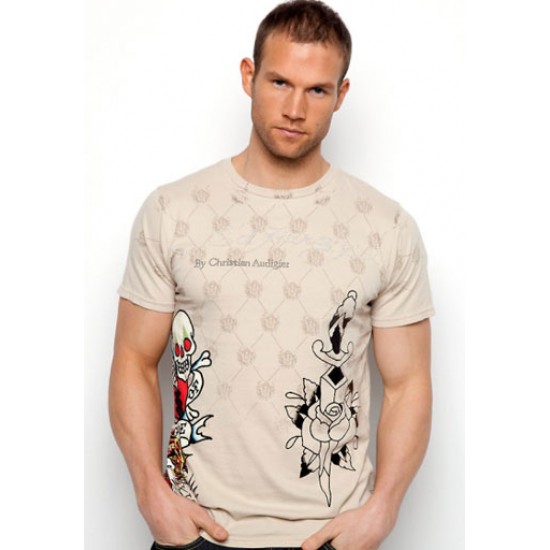 Ed Hardy Mens Short Sleeve T-Shirt Death of Love All Over Print Beige