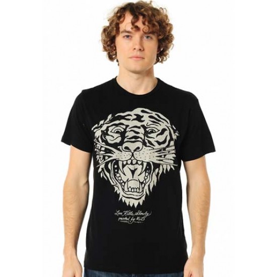 Ed Hardy Court Sleeve T-Shirt New Tiger Rhinestone Black