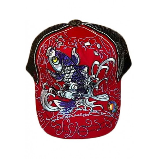 Ed Hardy Cap Koi Stencil Embroidered Red And Black
