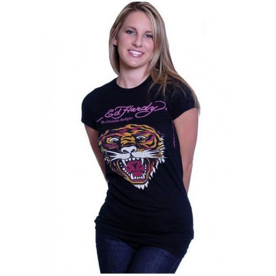 Ed Hardy Womens T-Shirt Tiger Graphic Tee Black