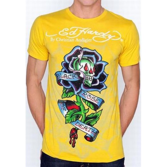 Ed Hardy Mens Short Sleeve T-Shirt Beautiful Death SS Multiprint Platinum Yellow