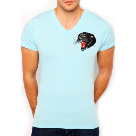 Ed Hardy Mens Short Tee Black Panther Core Basic Embroidered Light Blue