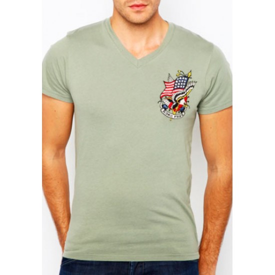 Ed Hardy Mens Short Sleeve T-Shirt Born Free Core Basic Embroidered Olive