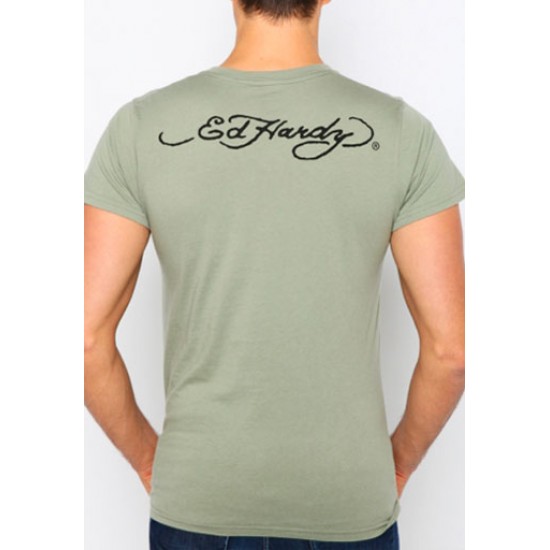 Ed Hardy Mens Short Sleeve T-Shirt Born Free Core Basic Embroidered Olive