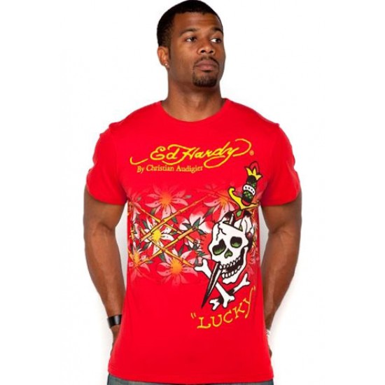 Ed Hardy Homme Court Sleeve T-Shirt Dagger Skull Specialty Tee Red