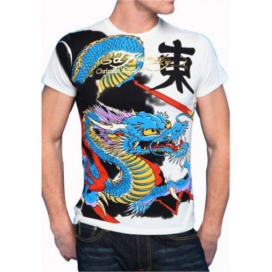 Ed Hardy Mens Short Sleeve T-Shirt Dragon All Over Print Platinum Tee White