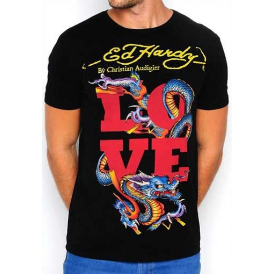 Ed Hardy Homme Court Sleeve T-Shirt Love Dragon Multi Print Tee Black