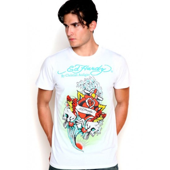 Ed Hardy Homme Court Sleeve T-Shirt Rose Anchor Wave Platinum Tee