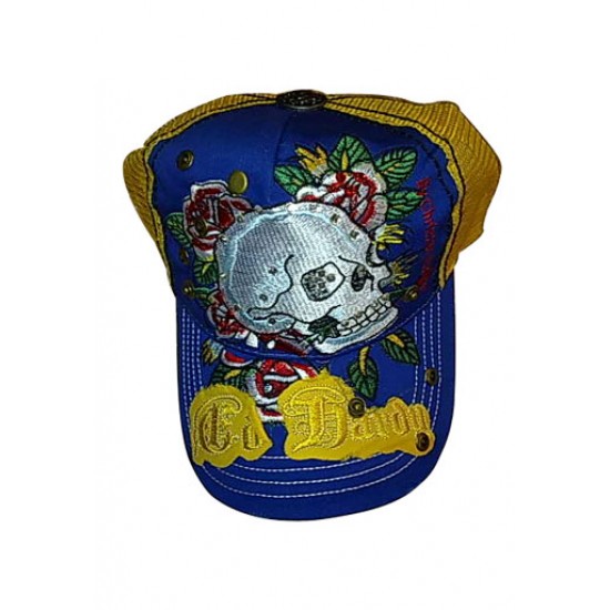 Ed Hardy Cap Skull and Rose Stencil Logo Blue And Yellow