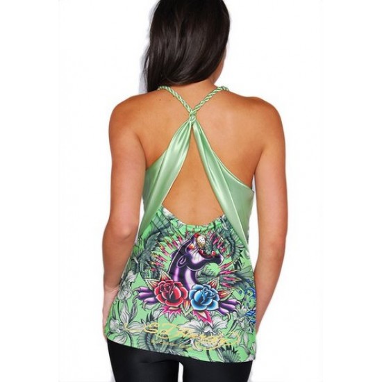 Ed Hardy Women Tank Panther Rose Twist Specialty Top Green