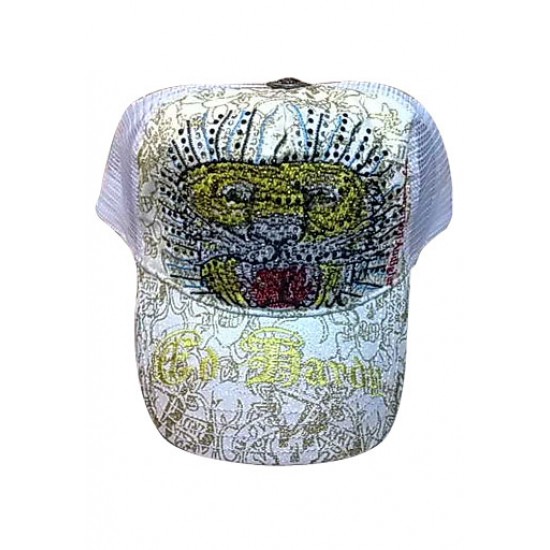 Ed Hardy Cap Tiger Square Stud Embroidered Seams 3025 White