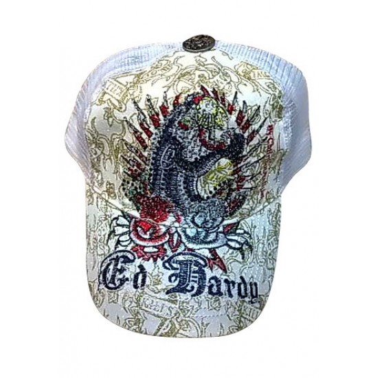 Ed Hardy Cap Roses Square Stud Embroidered Seams White