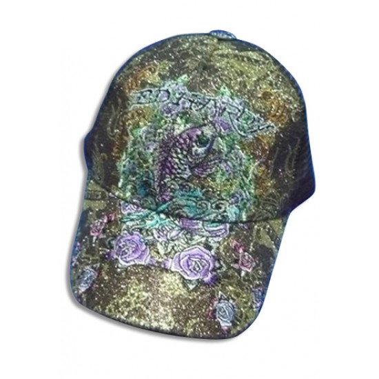 Ed Hardy Cap Koi & Roses Embroider Foil Brown