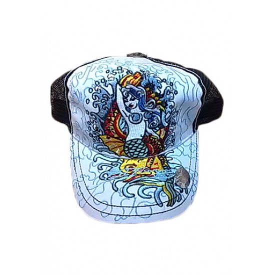 Ed Hardy Cap Mermaid Stencil Embroidered White And Black