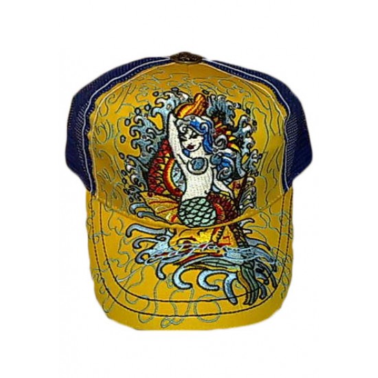 Ed Hardy Cap Mermaid Stencil Embroidered Yellow And Blue