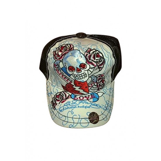 Ed Hardy Cap Death of Love Stencil Embroidered White And Black