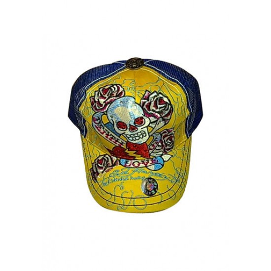Ed Hardy Cap Death of Love Stencil Embroidered Yellow Blue Cheap