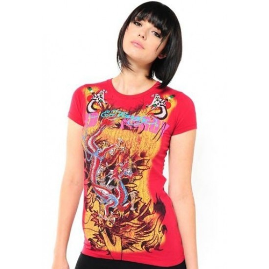 Ed Hardy Womens T-Shirt Dragon Multi Print Tee 6105 Red