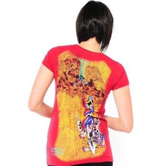 Ed Hardy Womens T-Shirt Dragon Multi Print Tee 6105 Red