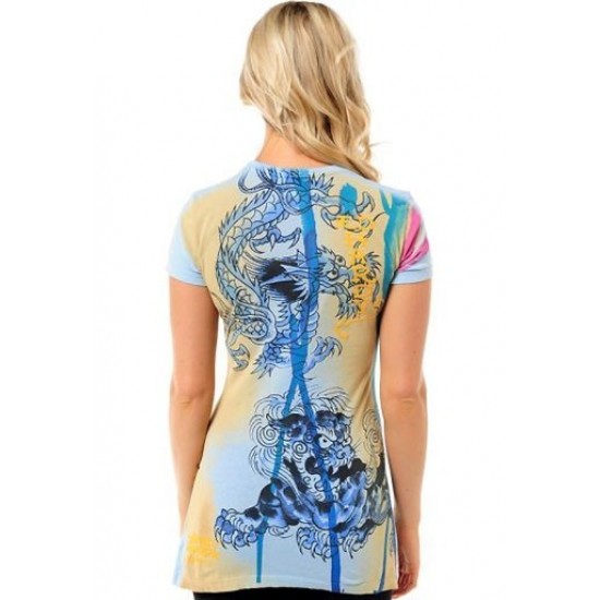 Ed Hardy Womens T-Shirt Dragon and Tiger Light Blue