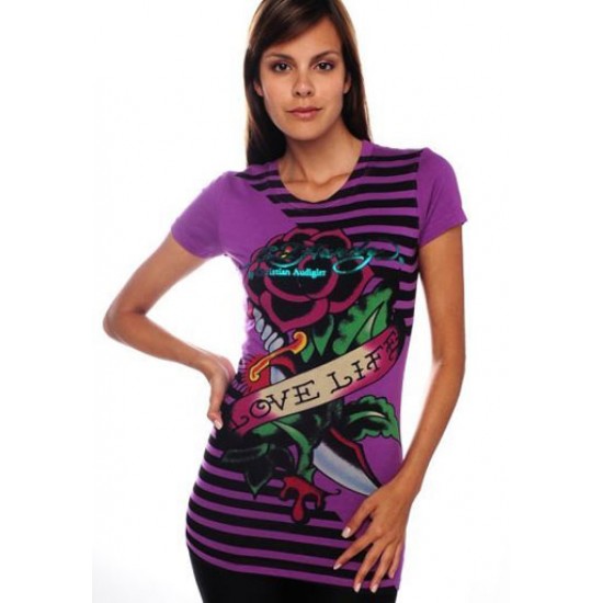 Ed Hardy Womens T-Shirt Love Life Platinum Tee Purple