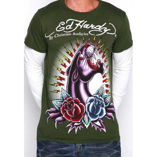 Ed Hardy Mens Long Sleeve T-Shirt Panther & Roses Basic Sage