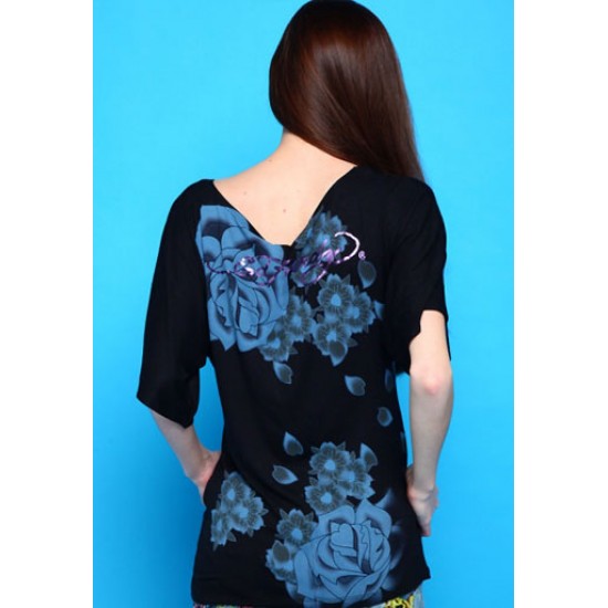 Ed Hardy Womens T-Shirt Rose Web Platinum Butterfly Tunic Black