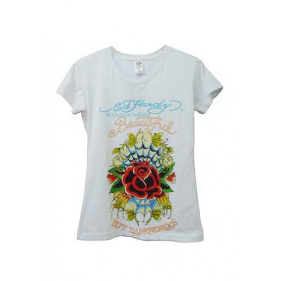 Ed Hardy Womens T-Shirt Rose Web Rhinestone Tee White