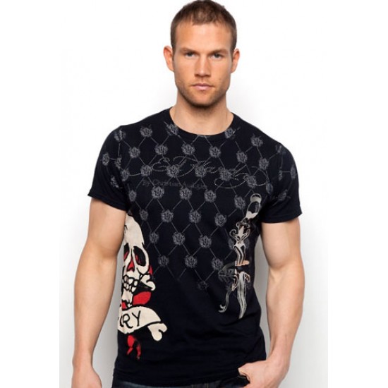 Ed Hardy Mens Short Sleeve T-Shirt Skull & Knife Rinestone Multi Print Black