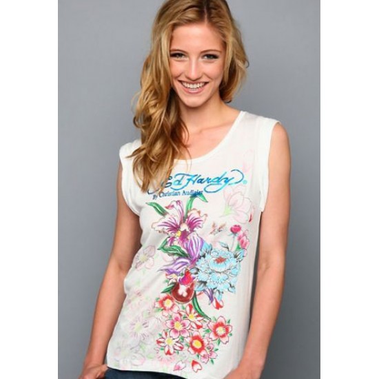 Ed Hardy Womens T-Shirt Spring Bloom Sleeveless Platinum Tee White