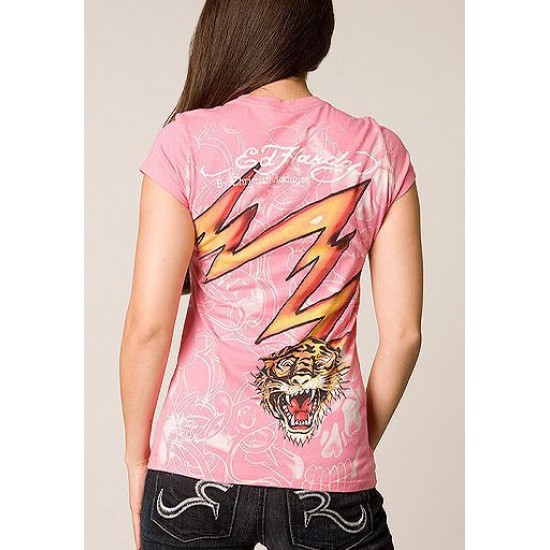 Ed Hardy Womens T-Shirt Tiger All Over Print Tee Pink