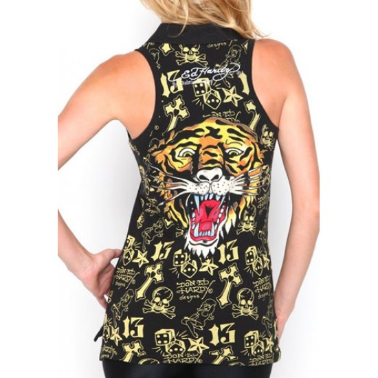 Ed Hardy Womens T-Shirt Tiger Multi Print Vest Black