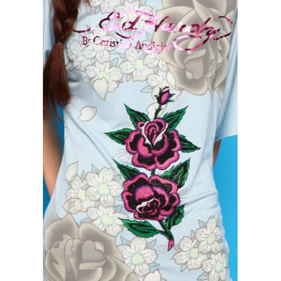 Ed Hardy Womens T-Shirt Two Roses Platinum Butterfly Light Blue
