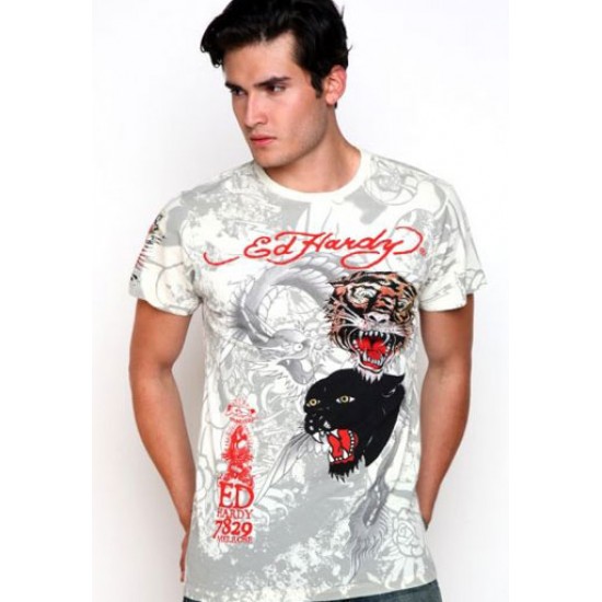 Ed Hardy Mens Short Sleeve T-Shirt Tiger & Panther All Over Print White
