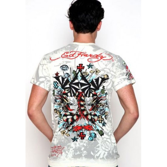 Ed Hardy Mens Short Sleeve T-Shirt Tiger & Panther All Over Print White